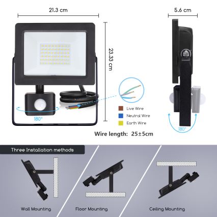 Aigostar - LED Prožektors ar sensoru LED/30W/230V 6400K IP65 melns