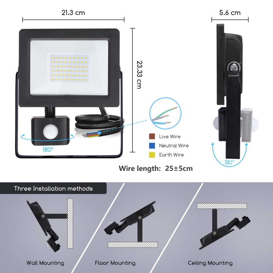 Aigostar - LED Prožektors ar sensoru LED/30W/230V 6400K IP65 melns