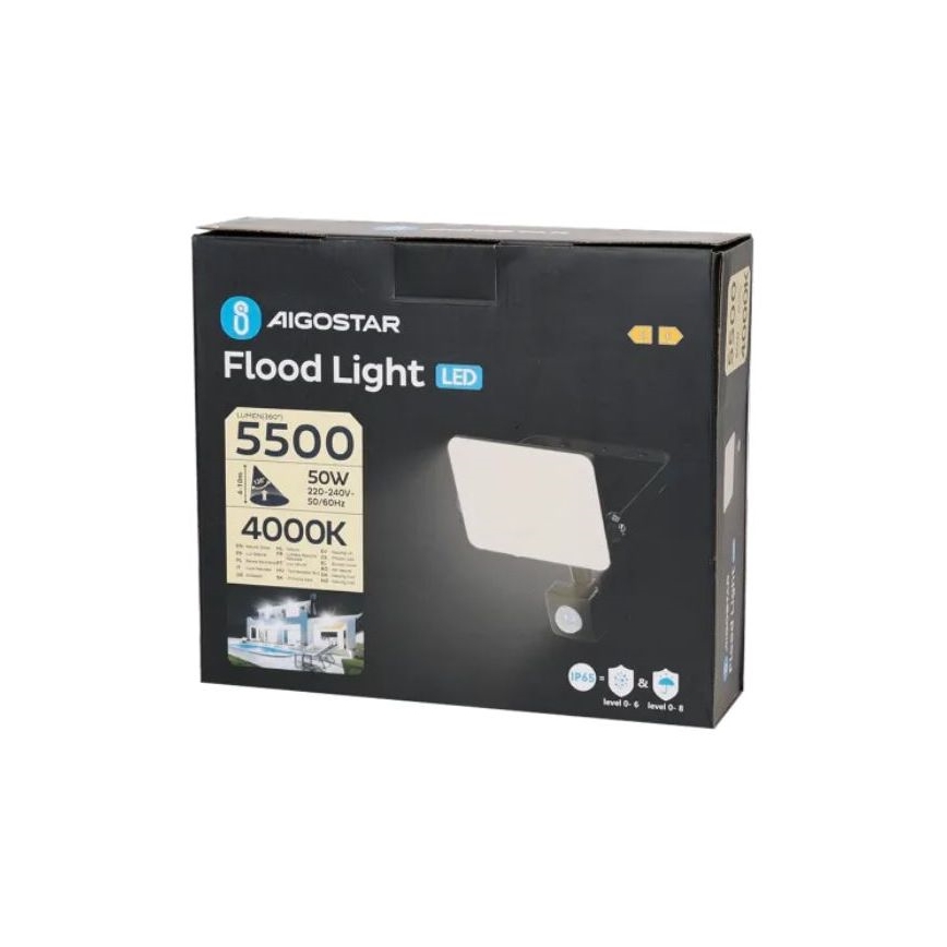 Aigostar - LED Prožektors ar sensoru LED/50W/230V 4000K IP65 melna