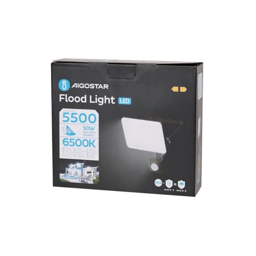 Aigostar - LED Prožektors ar sensoru LED/50W/230V 6500K IP65 melna