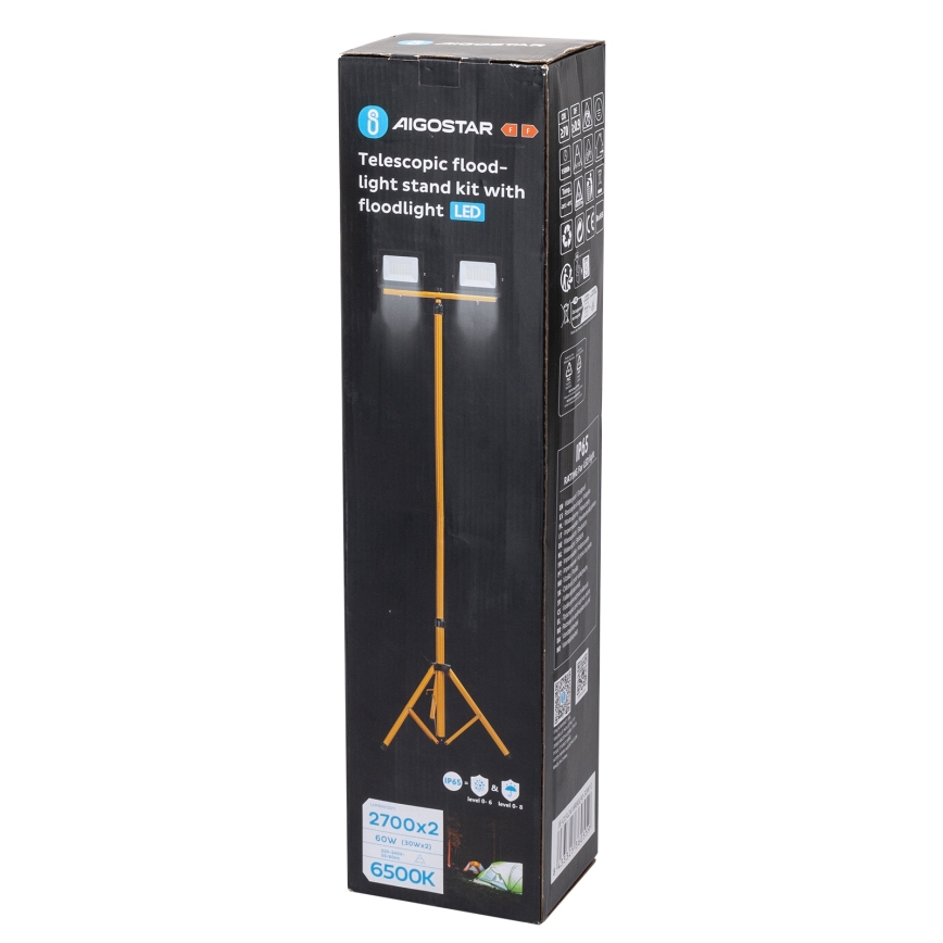 Aigostar - LED prožektors ar statīvu 2x LED / 30 W / 230 V / 6500 K / IP65, oranžs/melns