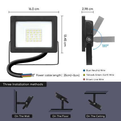 Aigostar - LED Prožektors LED/20W/230V 6400K IP65 melns