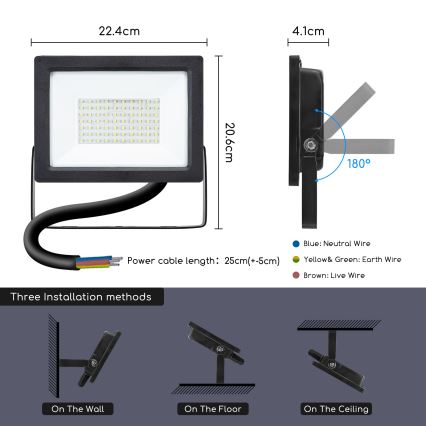 Aigostar - LED Prožektors LED/50W/230V 6400K IP65 melns
