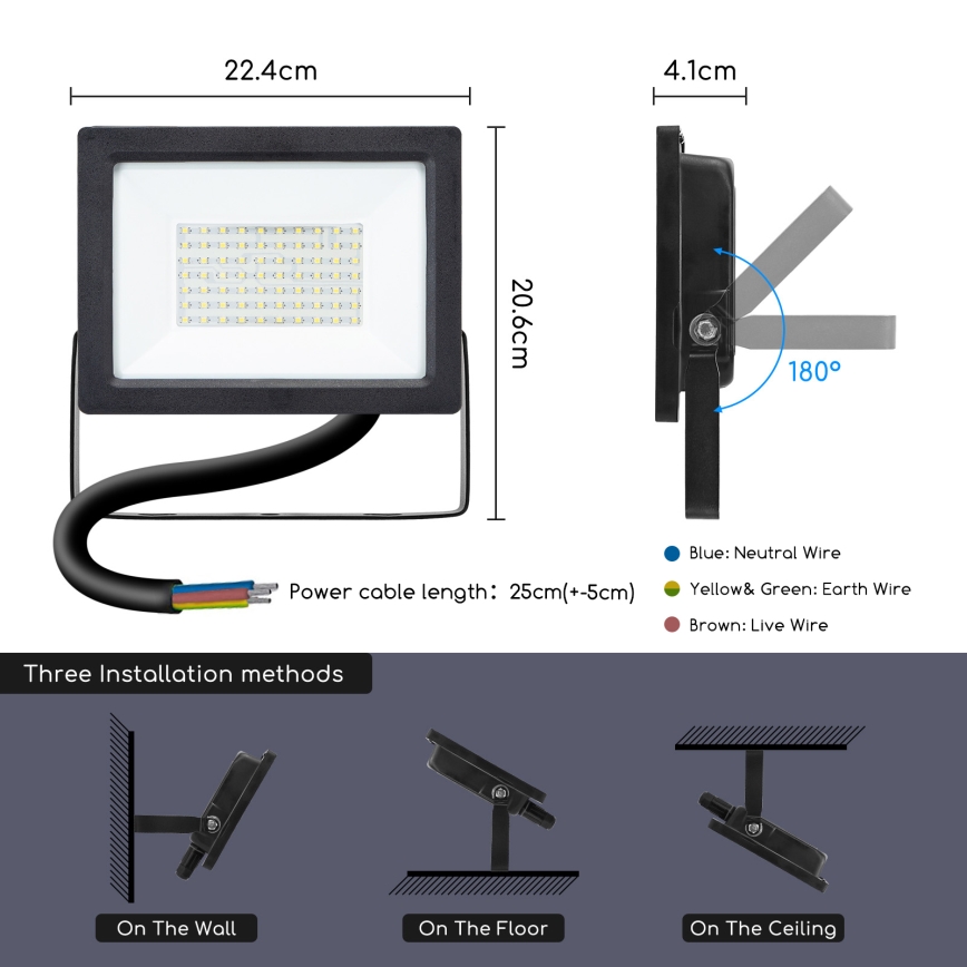 Aigostar - LED Prožektors LED/50W/230V 6400K IP65 melns