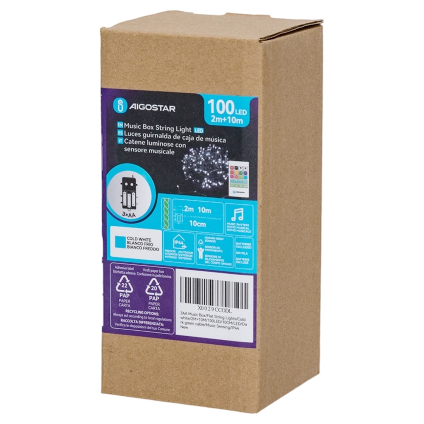 Aigostar - Regulējama LED āra Ziemassvētku virtene ar kustības sensoru 100xLED/3xAA 12m silti balta + tālvadība