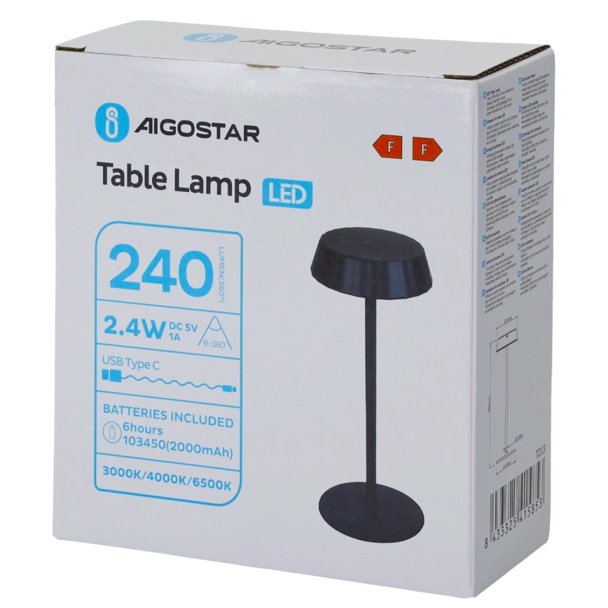 Aigostar - LED regulējama galda lampa AMBIENT LED/2,4W/5V 3000-6500K melna 2000 mAh