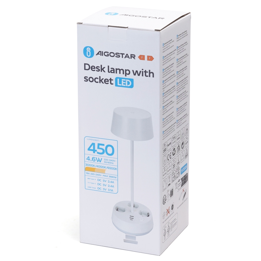 Aigostar - Regulējama LED galda lampa ar kontaktligzdām un USB LED/4,6W/230V 3000/4000/6500K balta
