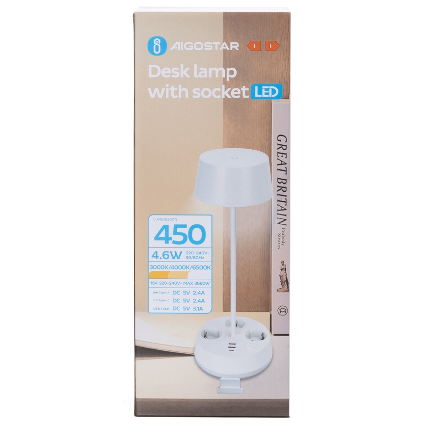 Aigostar - Regulējama LED galda lampa ar kontaktligzdām un USB LED/4,6W/230V 3000/4000/6500K balta