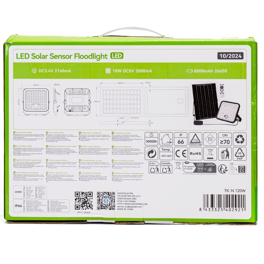 Aigostar - LED regulējams saules prožektors ar sensoru LED/120W/3,4V 6500K IP66 8000 mAh + tālvadības pults