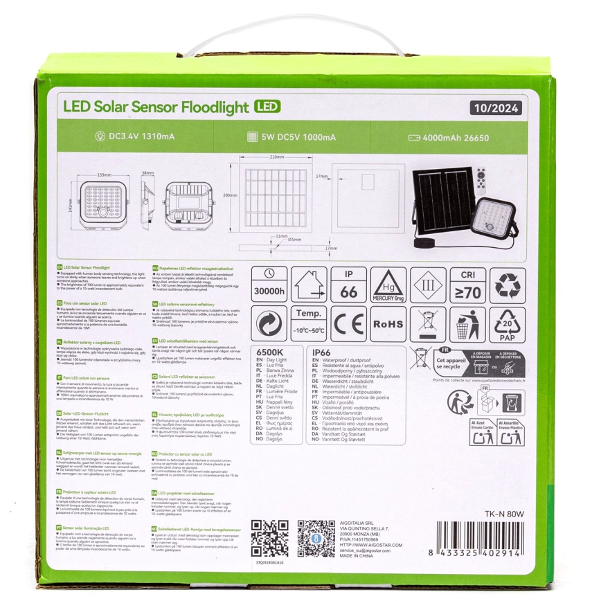 Aigostar - regulējams LED saules prožektors ar sensoru LED/80W/3,4V 6500K IP66 4000 mAh + tālvadība