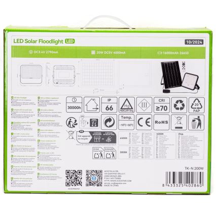 Aigostar - LED regulējams saules prožektors LED/200W/3,4V 3000/4000/6500K IP66 16000 mAh + tālvadība