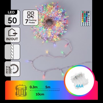 Aigostar - LED RGB āra Ziemassvētku virtene 50xLED/7 funkcijas 4xAA 5,3m IP44 daudzkrāsaina + tālvadības pults