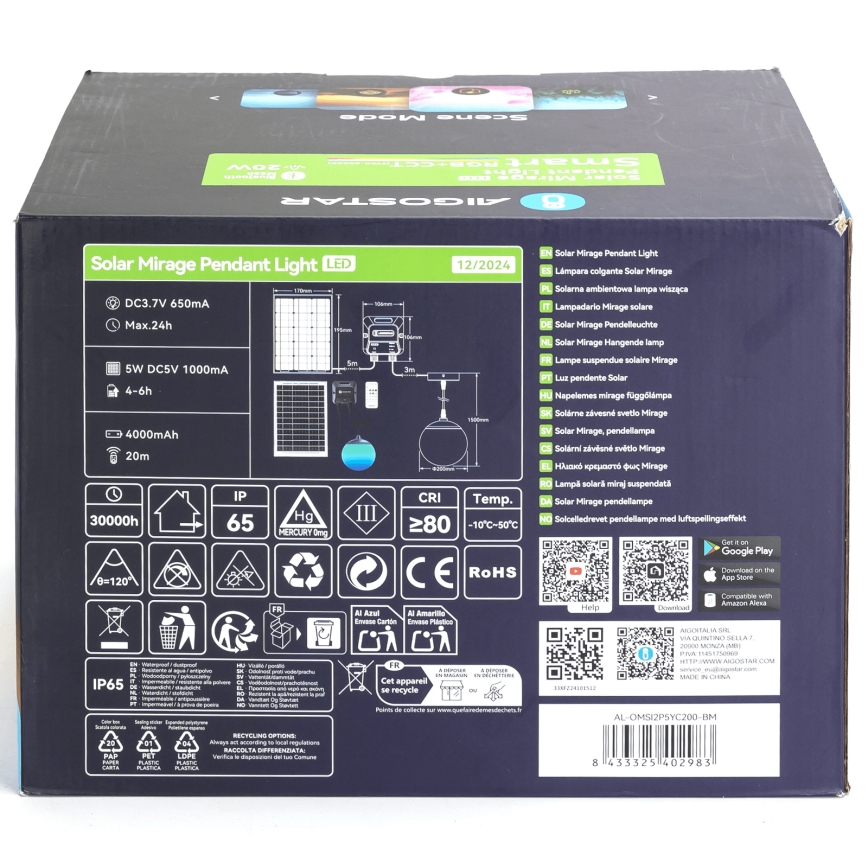 Aigostar - LED RGB Aptumšojama saules enerģijas lampa MESH LED/20W/3,7V 4000 mAh 2700K-6500K IP65 d. 20 cm