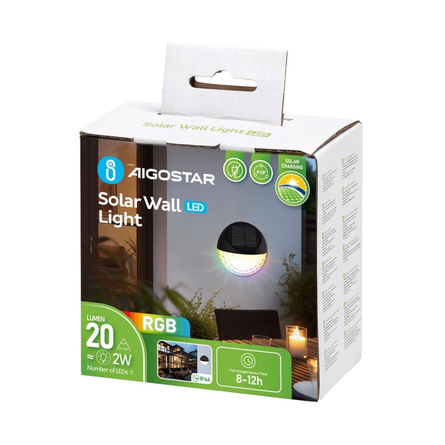 Aigostar - LED RGB Saules enerģijas sienas lampa LED/2W/1,2V 300 mAh melna IP44