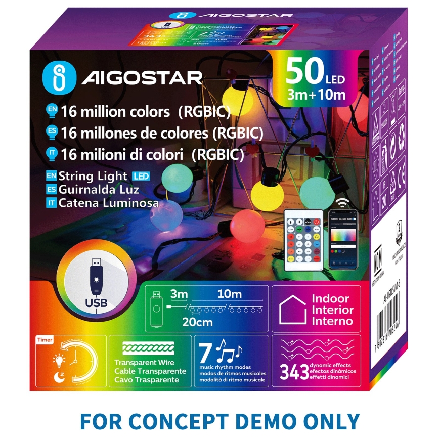 Aigostar - LED RGBIC Dekoratīvā virtene 25xLED/5W/USB 5 m daudzkrāsaina