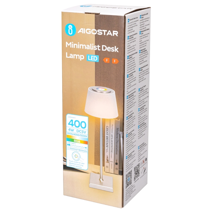 Aigostar - LED RGBW Aptumšojama uzlādējama āra galda lampa LED/4W/5V 3600mAh balta/hroms IP54