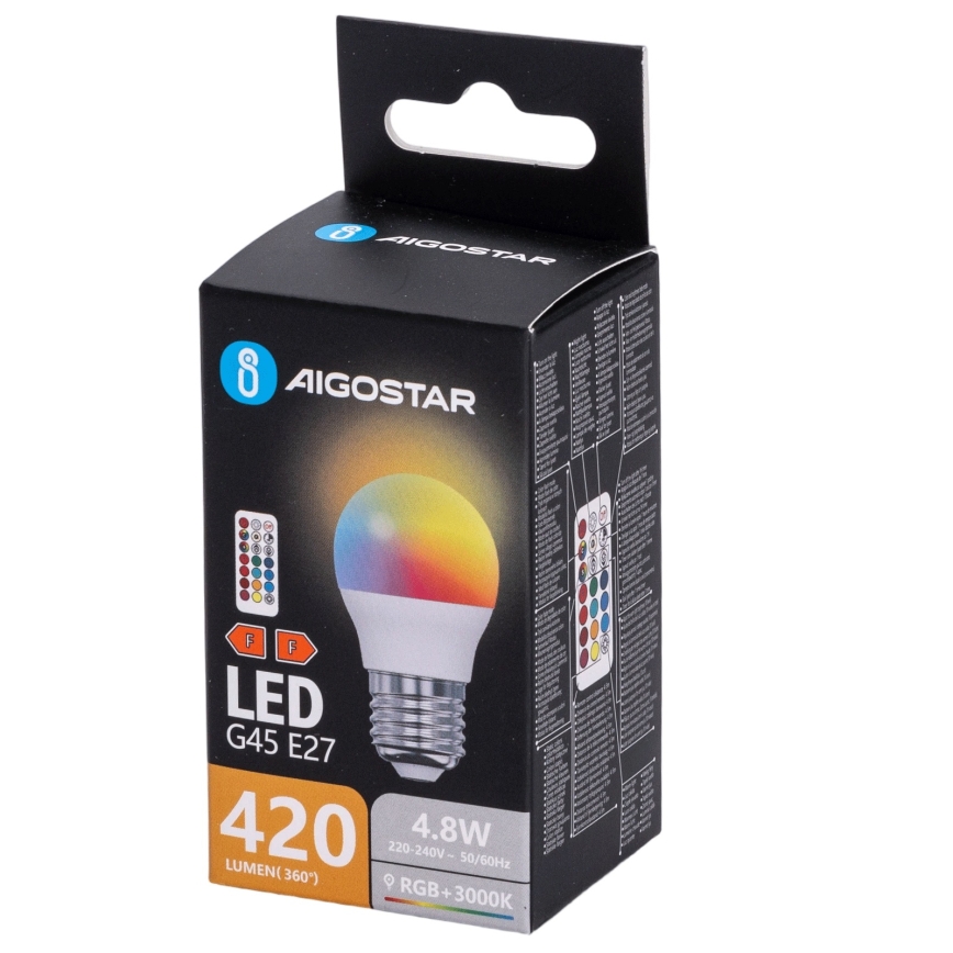 Aigostar - LED RGBW regulējama spuldze G45 E27/4,8W/230V 3000K + tālvadības pults