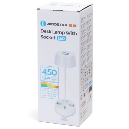 Aigostar - LED RGBW regulējama galda lampa ar kontaktligzdām un USB LED/4,6W/230V 3000/4000/6500K balta