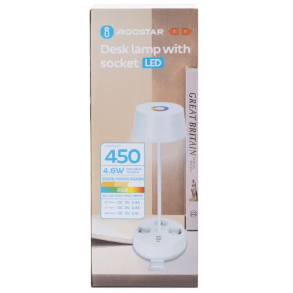 Aigostar - LED RGBW regulējama galda lampa ar kontaktligzdām un USB LED/4,6W/230V 3000/4000/6500K balta