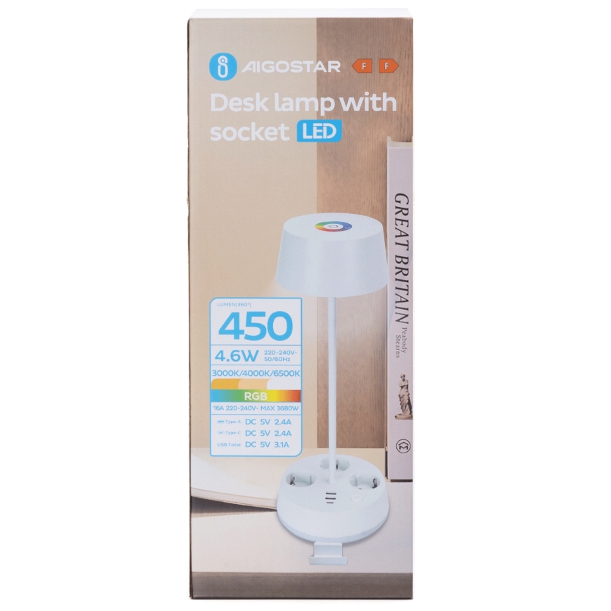 Aigostar - LED RGBW regulējama galda lampa ar kontaktligzdām un USB LED/4,6W/230V 3000/4000/6500K balta