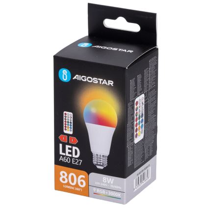 Aigostar - LED RGBW regulējama spuldze A60 E27/8W/230V 3000K + tālvadības pults