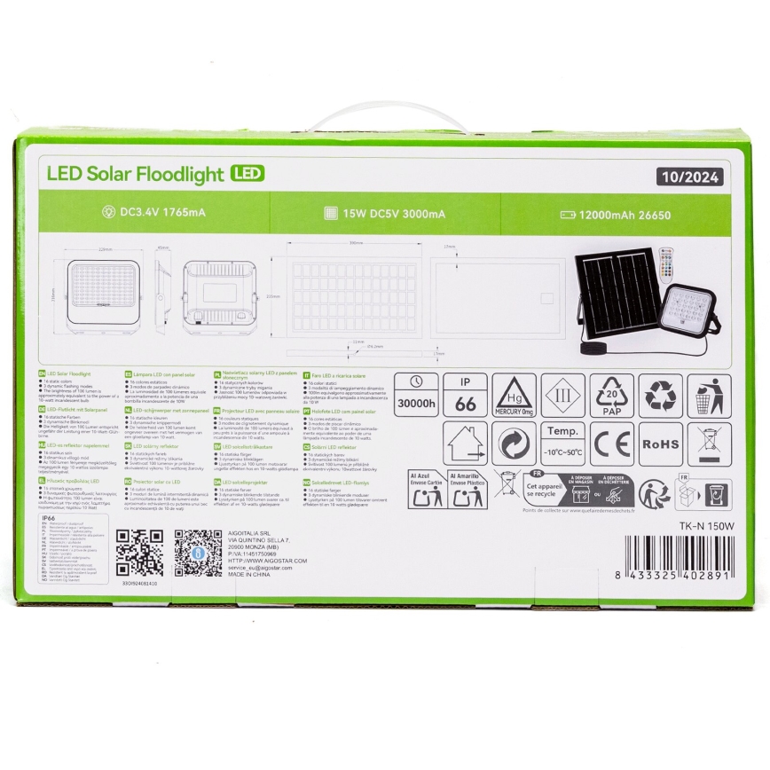 Aigostar - LED RGBW Regulējams saules prožektors LED/150W/3,4V IP66 12000 mAh ar tālvadības pulti