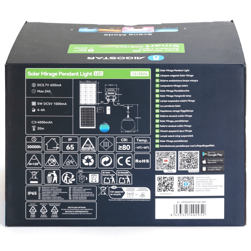 Aigostar - LED RGBW Aptumšojama saules enerģijas lampa MESH LED/20W/3,7V 4000 mAh 2700K-6500K IP65 d. 15 cm