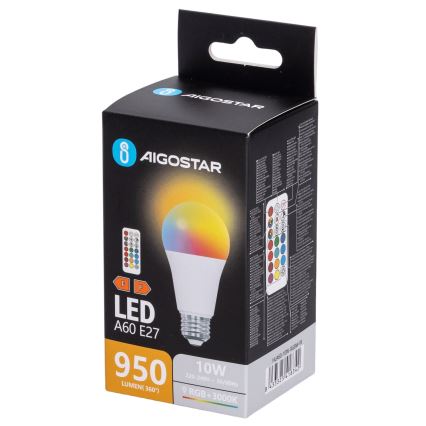 Aigostar - LED RGBW regulējama spuldze A60 E27/10W/230V 3000K + tālvadība