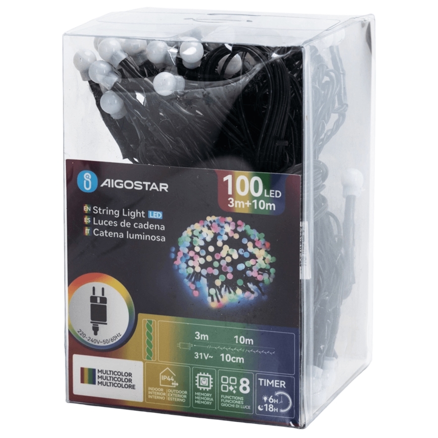 Aigostar - LED āra dekoratīvā virtene, 100 LED/8 režīmi, 10 m, IP44, daudzkrāsaina