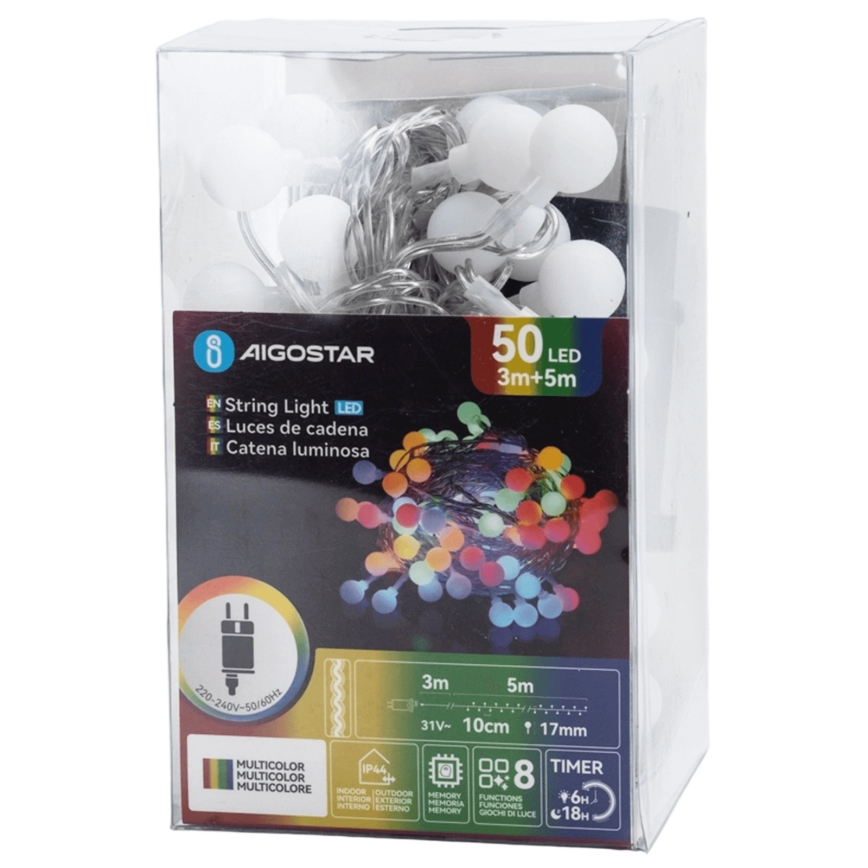Aigostar - LED āra dekoratīvā virtene 50xLED/8 funkcijas 5 m IP44 daudzkrāsaina