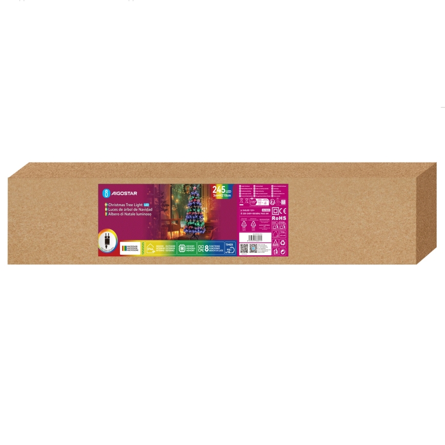 Aigostar - LED āra Ziemassvētku egle, 245 LED, 8 gaismas režīmi, 2,1 m, IP44, daudzkrāsaina