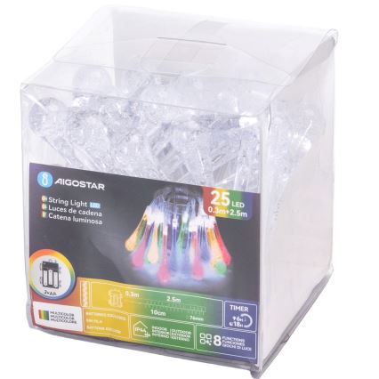 Aigostar - LED āra Ziemassvētku virtene 25xLED/8 funkcijas 3xAA 2,5m IP44 daudzkrāsu pilieni