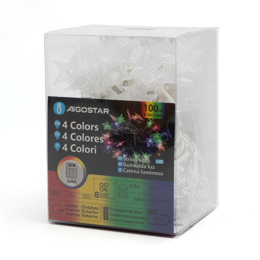 Aigostar - LED RGBY āra ziemassvētku virtene, 100 LED / 8 režīmi, 3xAA, 10 m, IP44, zvaigznes