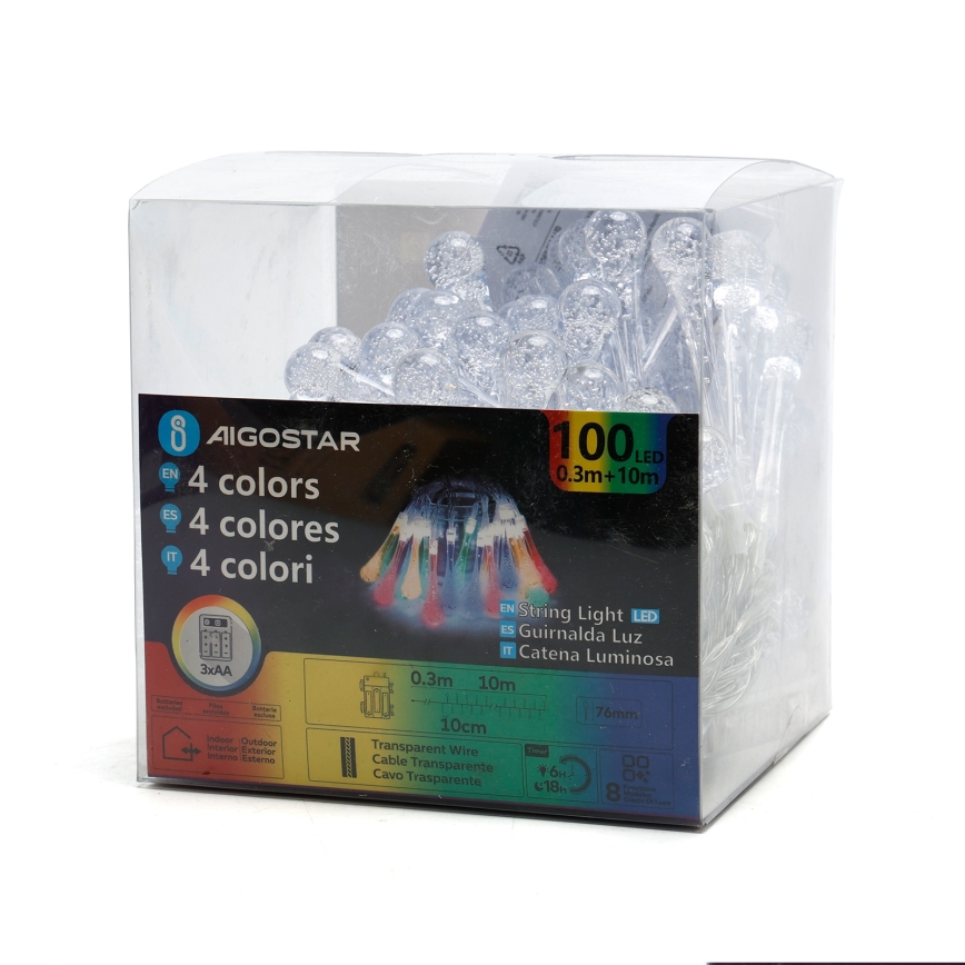 Aigostar - LED āra Ziemassvētku virtene 100xLED/8 režīmi, 3xAA, 10 m, IP44, daudzkrāsainas pilienu formas