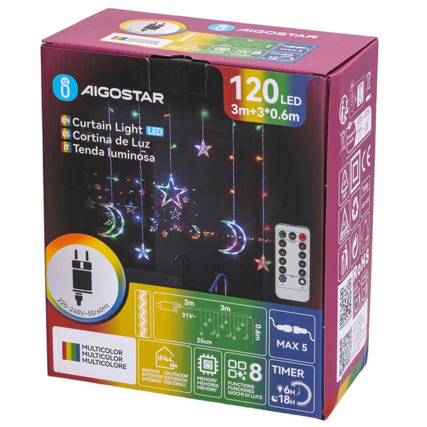 Aigostar - LED RGBY Āra Ziemassvētku virtene 120xLED/8 funkcijas 3x0,6m IP44 daudzkrāsaina + tālvadība