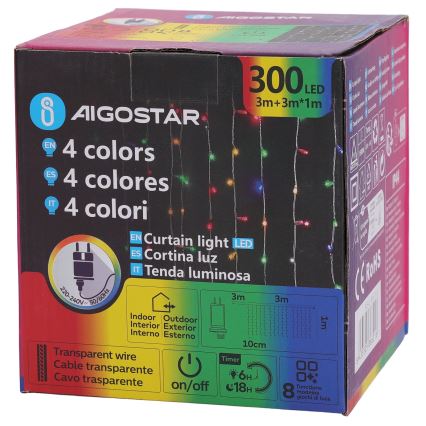 Aigostar - LED RGBY Āra Ziemassvētku gaismas virtene 300xLED/8 režīmi 3x1m IP44 + ar tālvadības pulti