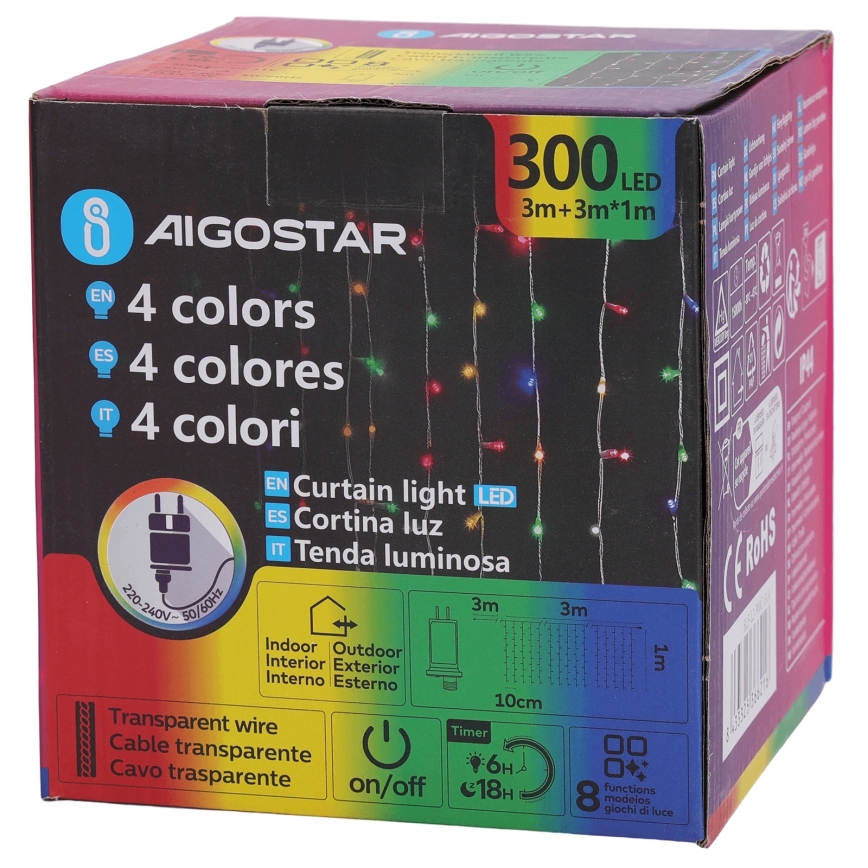 Aigostar - LED RGBY Āra Ziemassvētku gaismas virtene 300xLED/8 režīmi 3x1m IP44 + ar tālvadības pulti
