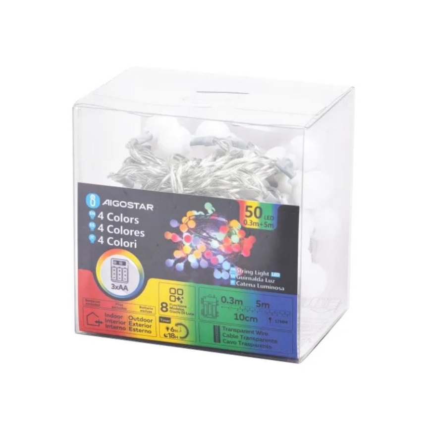 Aigostar - LED RGBY Āra Ziemassvētku virtene 50xLED/3xAA/8 funkcijas 5,3 m IP44