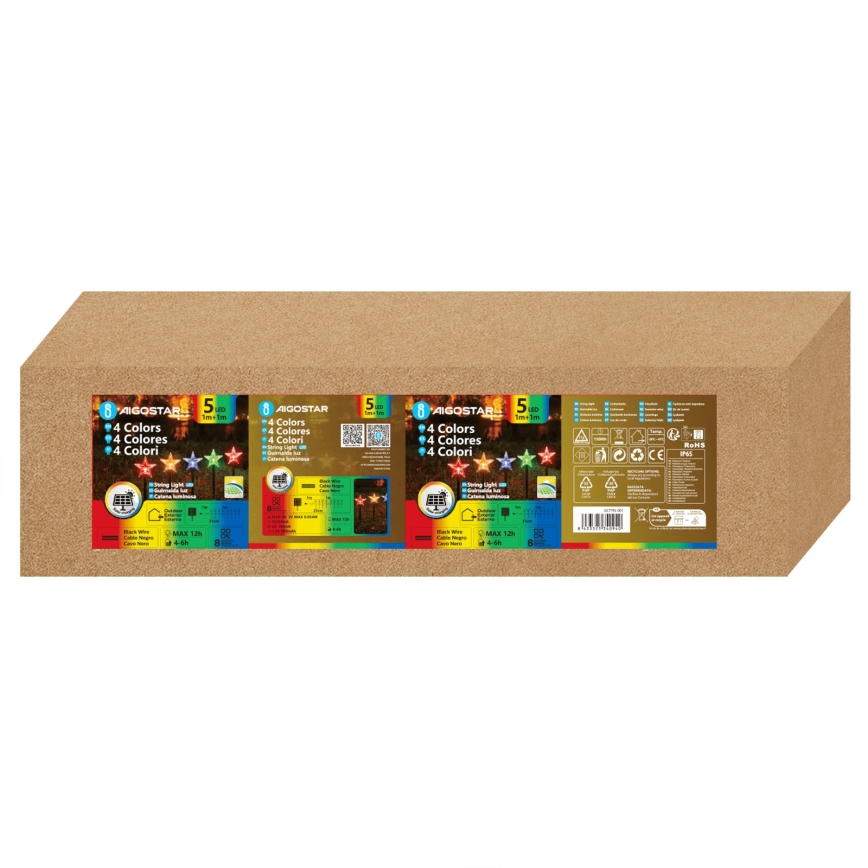 Aigostar - LED RGBY saules ziemassvētku gaismeklis 5xLED/1,2V/8 funkcijas 1m IP65 800mAh zvaigznes
