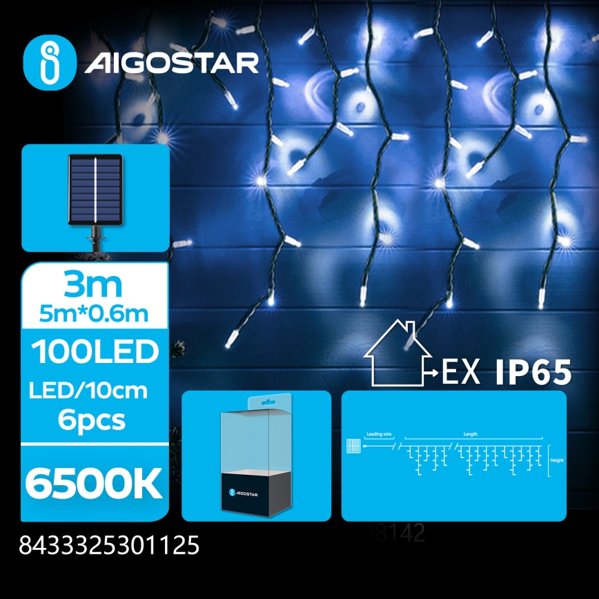 Aigostar - LED saules Ziemassvētku virtene 100xLED/8 funkcijas 8x0,6m 500 mAh IP65 auksti balta