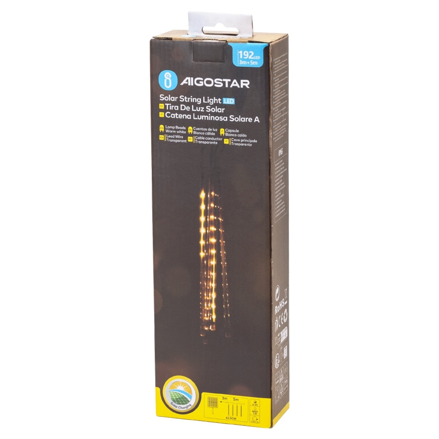 Aigostar - LED saules Ziemassvētku virtene 192xLED/8m IP65 1200 mAh siltā balta