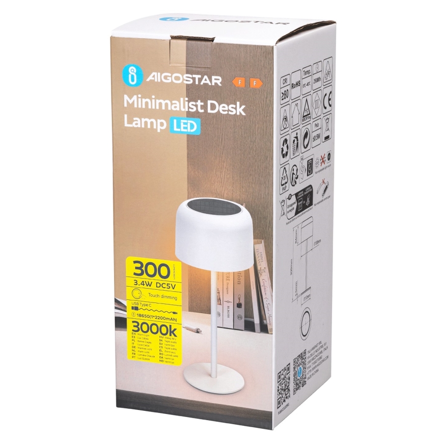 Aigostar - LED Saules enerģijas aptumšojama uzlādējama lampa LED/3W/5V 2200mAh balta IP54
