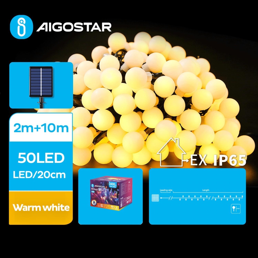 Aigostar - LED Saules enerģijas dekoratīva virtene 50xLED/8 funkcijas 12m 800 mAh IP65 silti balta