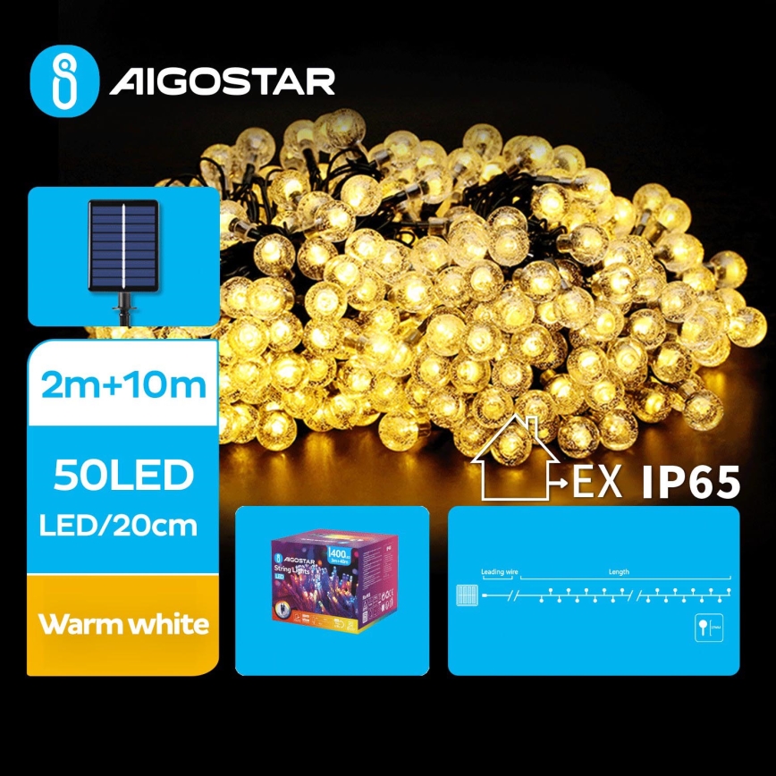 Aigostar - LED Saules enerģijas dekoratīva virtene 50xLED/8 funkcijas 12m 800 mAh IP65 silti balta