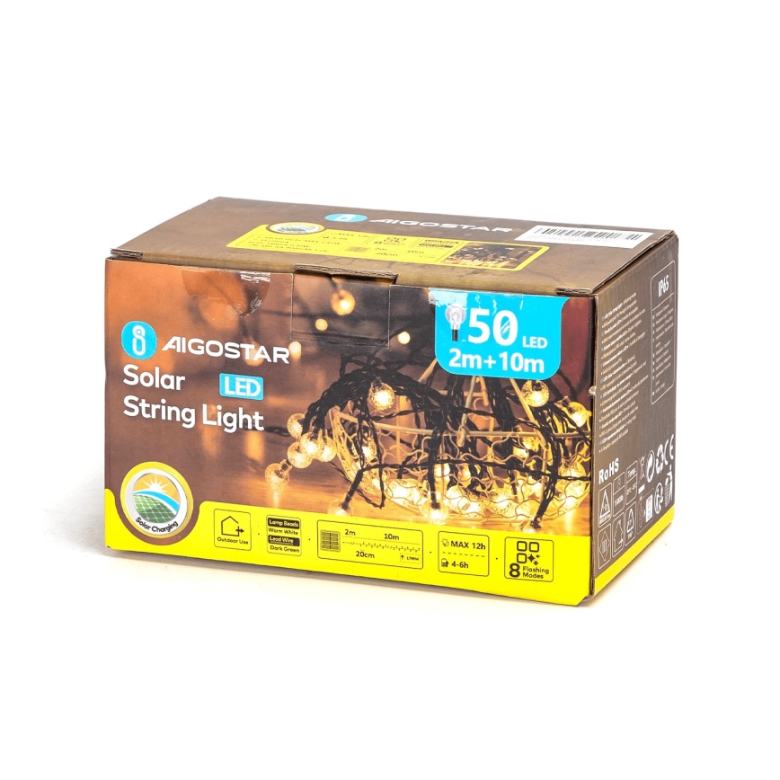 Aigostar - LED Saules enerģijas dekoratīva virtene 50xLED/8 funkcijas 12m 800 mAh IP65 silti balta