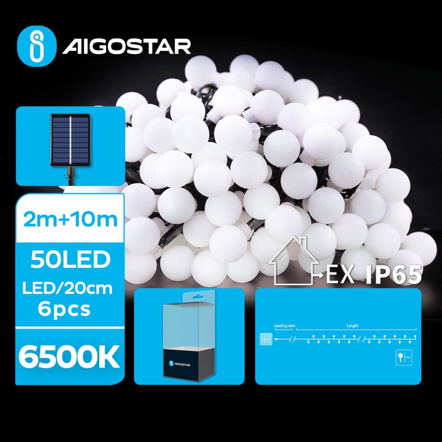 Aigostar - LED Saules enerģijas dekoratīva virtene 50xLED/8 funkcijas 12m IP65 vēsi balts 800 mAh