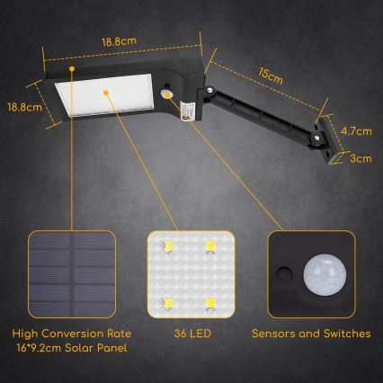 Aigostar - LED Saules enerģijas ielas lampa ar sensoru LED/2,3W/5,5V 1800 mAh IP65
