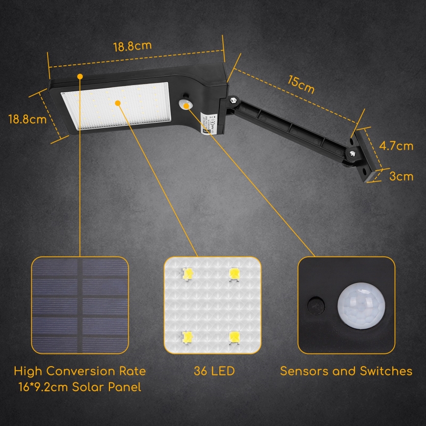 Aigostar - LED Saules enerģijas ielas lampa ar sensoru LED/2,3W/5,5V 1800 mAh IP65