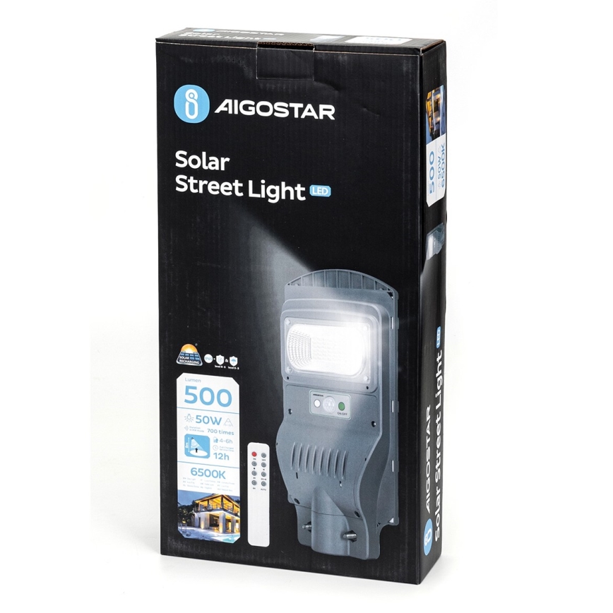 Aigostar - LED Saules enerģijas ielas lampa ar sensoru LED/50W/3,2V 5000mAh IP65 6500K + tālvadības pults