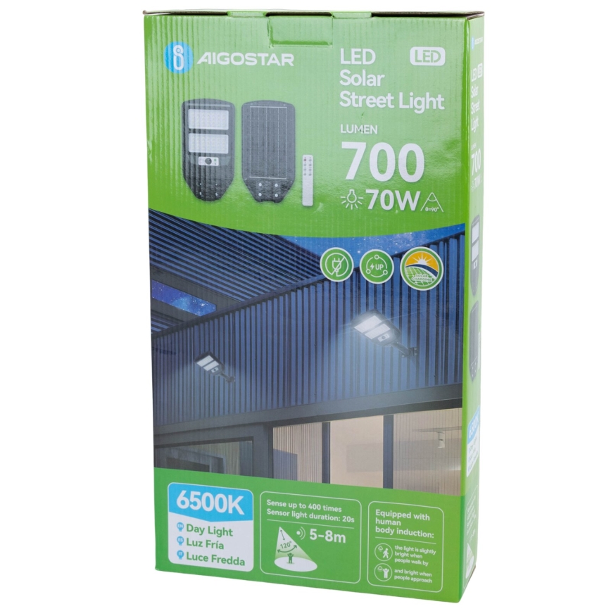 Aigostar - LED Saules enerģijas ielas lampa ar sensoru LED/70W/3,2V 4000mAh IP65 6500K + tālvadības pults